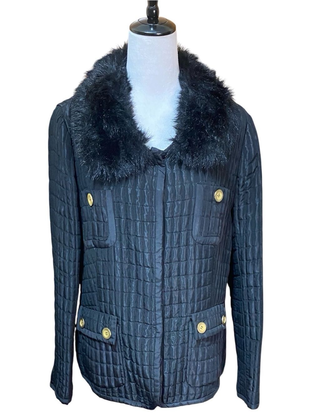 Zara Black Quilted Pea Coat with Faux Fur Collar